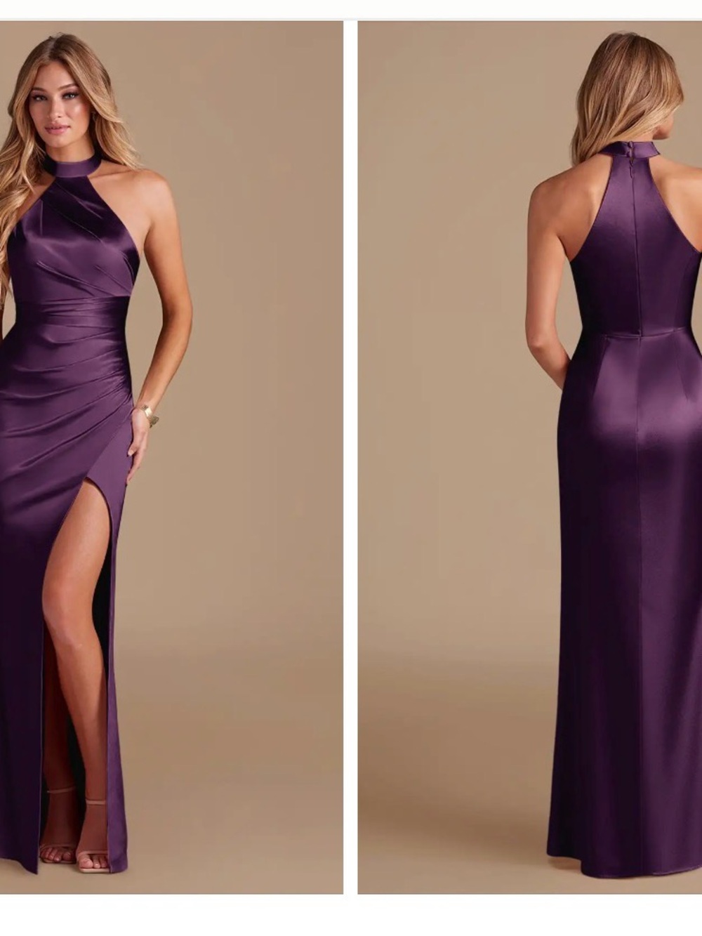 Azazie Purple Satin Halter Maxi Gown with Thigh Slit